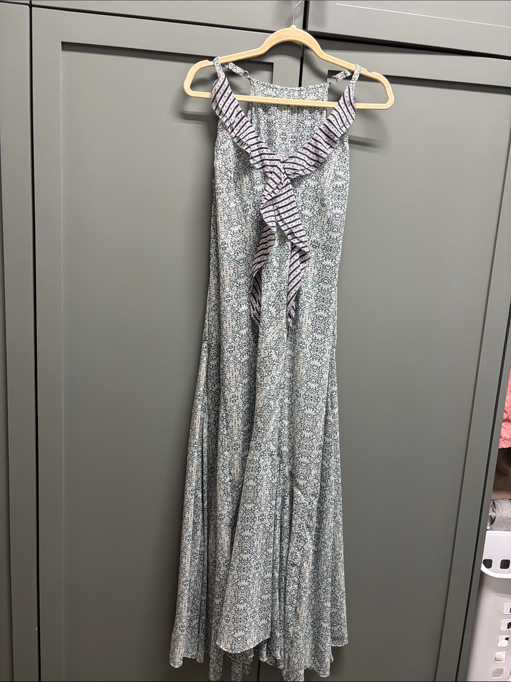 CAbi Blue and White Printed Maxi Dress with Striped Neck Tie